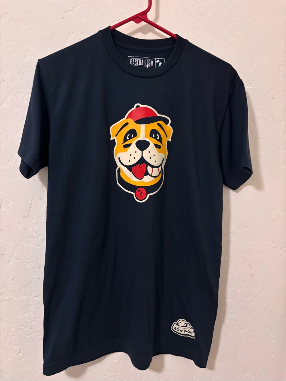 Baseballism navy blue bulldog graphic tee with red cap and collar, size M. Poly